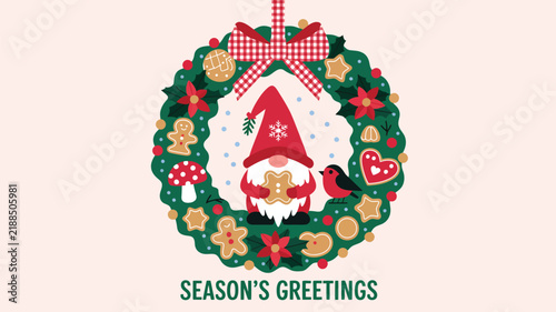 Adorable Christmas gnome sitting within a holiday wreath holding delightful gingerbread treats