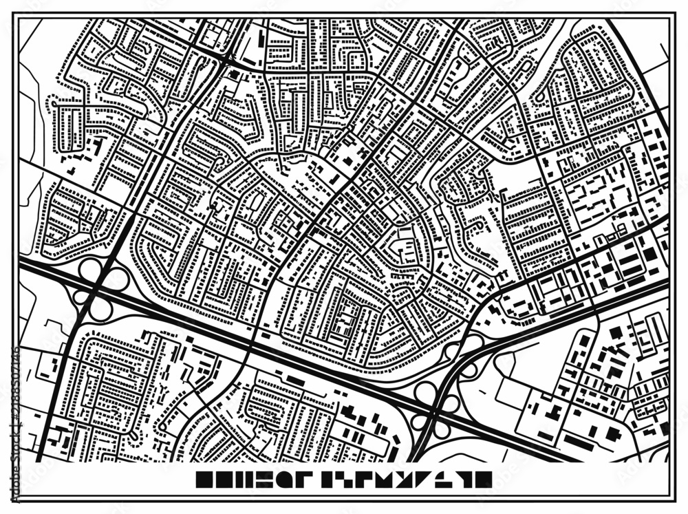 Fototapeta premium Black and White Minimalist City Map Illustration with Urban Street Layout and Architectural Planning Grid