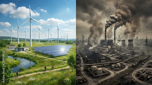 Comparison of clean green renewable energy wind turbines and solar panels versus a polluting industrial factory with heavy smoke emissions