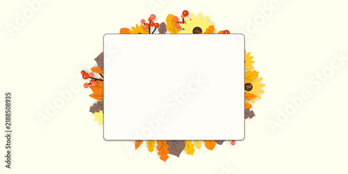 Autumn floral border template with yellow sunflowers and orange berries surrounding a white rectangular frame for seasonal greeting cards