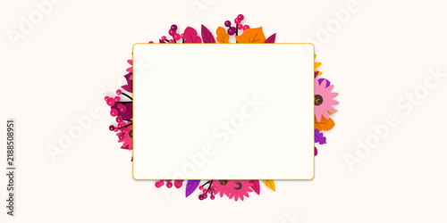 floral border frame with autumn leaves and flowers botanical greeting card template background with blank copy space