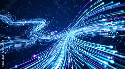 Abstract digital data flow with glowing blue light streaks and fiber optic network lines
