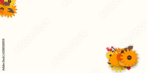 Beautiful Autumn Floral Paper Cut Background with Yellow Sunflowers and Fall Leaves for Season Greeting Card Design