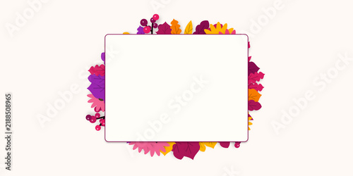 Autumn floral banner background with colorful leaves and blank rectangular frame template for text