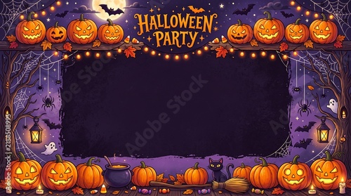 Halloween Party Invitation Background with Jack O Lanterns and Purple Spooky Decor
