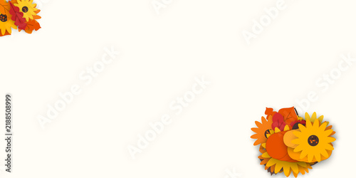 Autumn floral banner background with yellow flowers and leaves for seasonal greeting designs