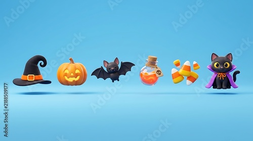 Set of 3D Halloween icons including a witch hat pumpkin bat potion candy and black cat