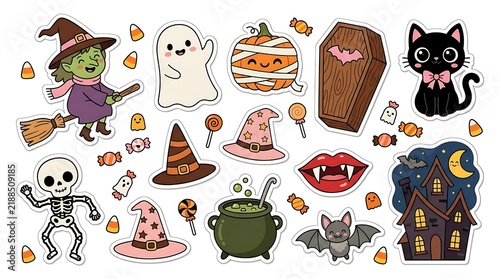 Set of cute Halloween stickers featuring a witch ghost pumpkin coffin and black cat