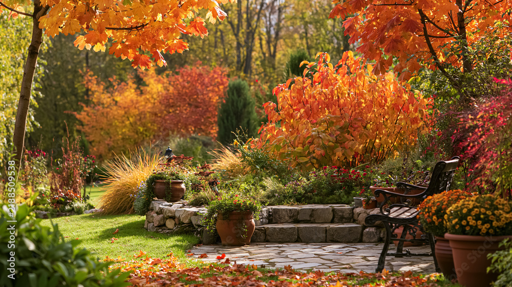Obraz premium Autumn garden presenting vivid fall colors, orange leaves falling on green grass, stone steps leading to a tranquil backyard patio with a bench