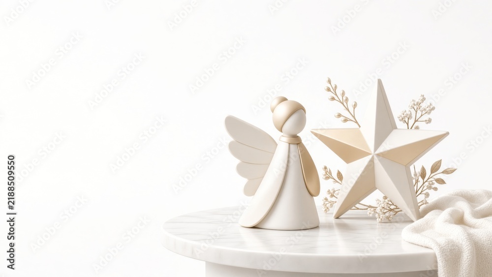 Fototapeta premium Minimalist christmas holiday decor with angel figurine, golden star, and subtle festive ornaments on marble table