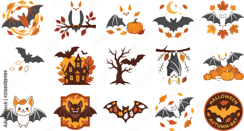 Obraz premium Autumn Halloween Bat Icon Set featuring Pumpkin patches, Haunted Houses, Dry Leaves, and Forest Tree Branches for Cozy Seasonal Graphic Designs and Social Media Stickers