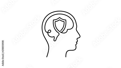 Protective shield inside a human brain outline symbolizes mental security and emotional defense mechanisms.