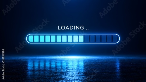 System update progress with glowing blue neon loading bar on dark reflective background symbolizing software installation