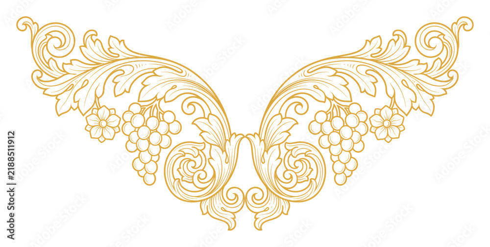 Obraz premium Golden baroque scroll corner vector with grape vines and acanthus leaves for invitations.