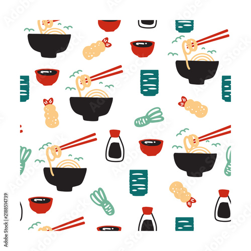 Udon, Soy Sauce and Tempura Asian Food Pattern. Perfect for Japanese restaurant branding, ramen shops, sushi bars, menus, food packaging, kitchen textiles, wallpaper, stationery, etc