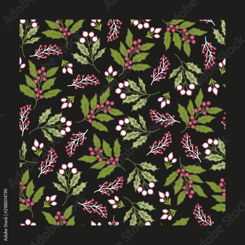 Traditional Christmas Holly Botany on Dark Background. Ideal for wrapping paper, fabric, textile, wallpaper, stationery, packaging, and Christmas backgrounds.