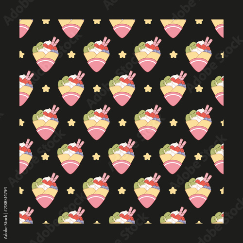 Cute Fresh Fruit Filling French Crepes Pattern. Perfect for bakery branding, cafe menu, food packaging, wrapping paper, stationery, textile printing, wallpaper, recipe books, kitchen decor, etc