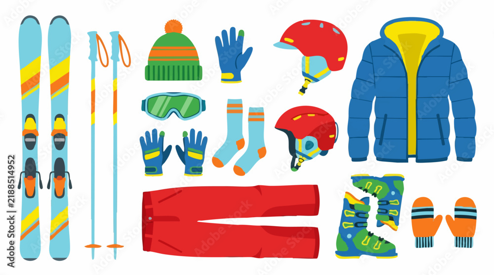 Fototapeta premium Flat vector illustration of winter sports equipment and apparel set