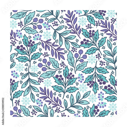 Pastel Purple Foliage Berries and Snowflakes Pattern. Elegant seasonal design for fabric, textile, wallpaper, wrapping paper, stationery, packaging, and winter holiday projects.