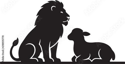Canvas Print Silhouette of lion sitting next to a lamb in peaceful coexistence