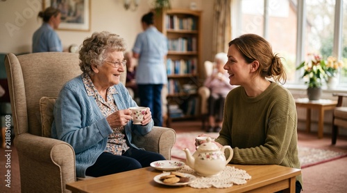 Young woman having tea with an elderly woman in a nursing home lounge