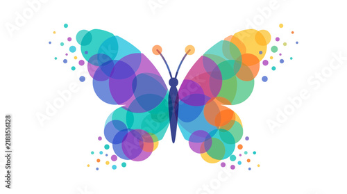 Butterfly graphic featuring cool blue and purple overlapping circles is isolated on white.