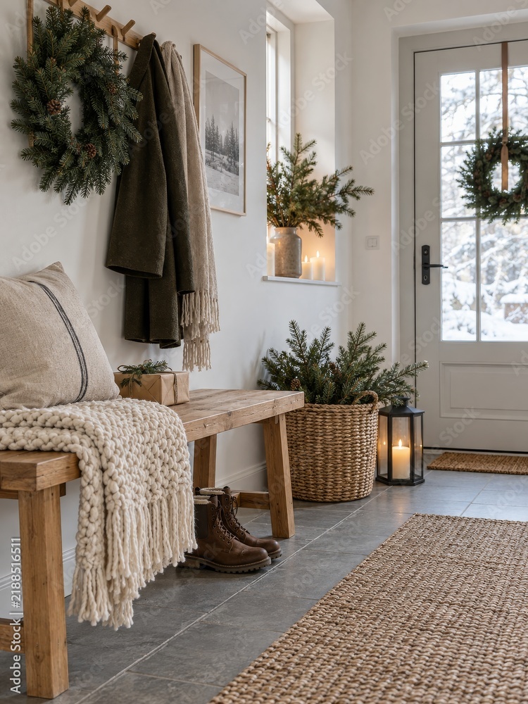 Fototapeta premium Decoración navideña en la entrada de una casa con un ambiente acogedor y detalles de invierno