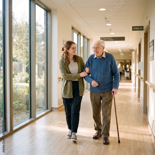Young caregiver helping an elderly man walk down a bright hospital hallway