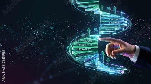 Hand interacting with glowing DNA helix staircase labeled with business growth strategy, investment, and success expansion, symbolizing corporate development and planning.