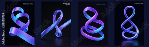 Set of abstract iridescent 3d ribbon forms on dark background