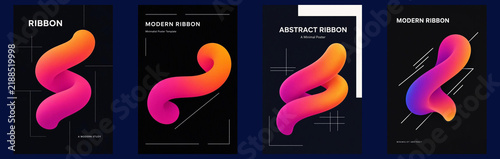 Set of modern abstract ribbon posters with gradient 3d shapes