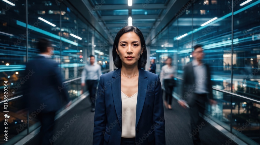 Fototapeta premium Confident Asian businesswoman standing in a modern corporate hallway with blurred motion of colleagues, capturing professional leadership in a fast-paced environment for human resources and branding.