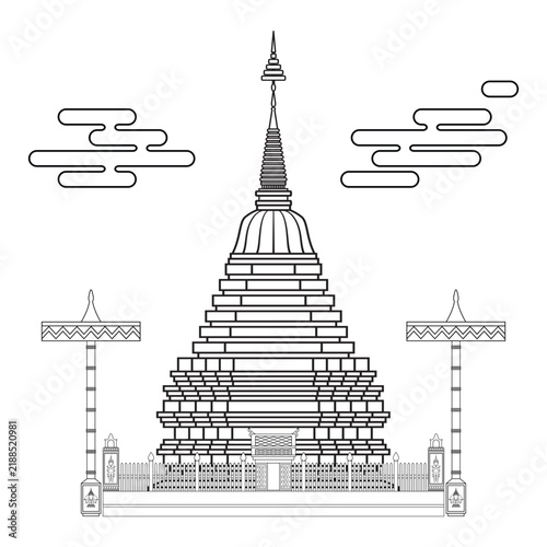 Line art Illustration vector symbols of Chiang Mai Thailand northern province with famous Thai style gold pagoda Wat Phra That Doi Suthep temple with cloud background drawing in black and white