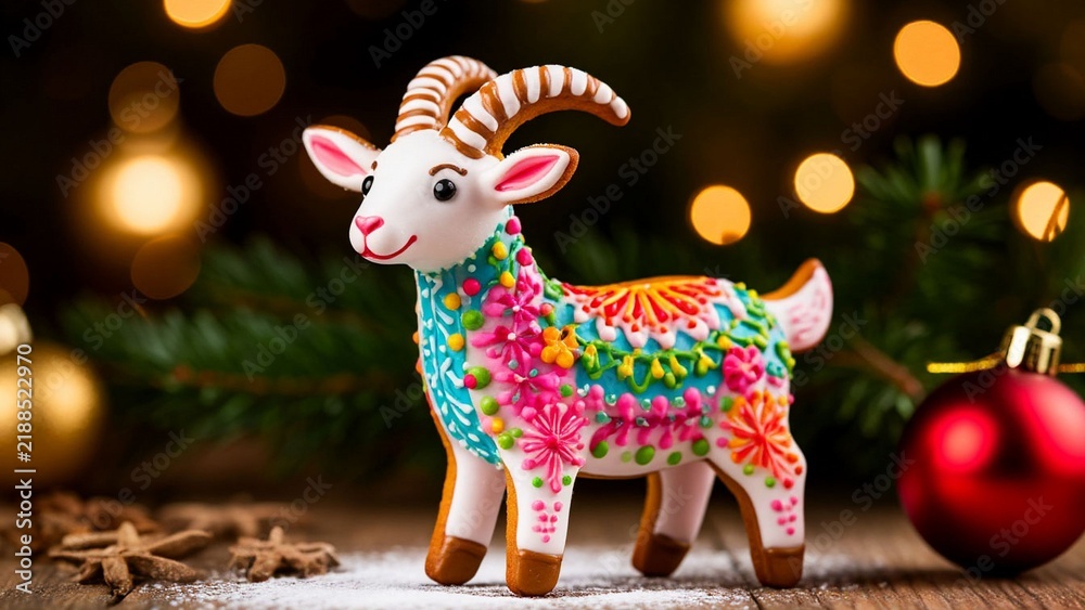 Fototapeta premium Christmas cookies in white and multicolored icing, shaped like a goat.