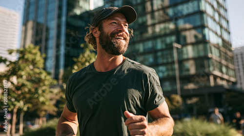 Mid-adult bearded man smiling while jogging in an urban park, enjoying a healthy, active lifestyle and outdoor fitness among modern buildings on a sunny day