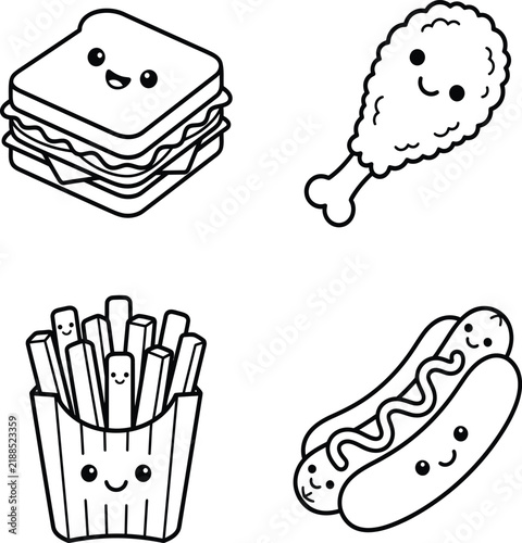 Cute Kawaii Fast Food Icons Set with Sandwich Chicken Leg Fries and Hot Dog Line Art