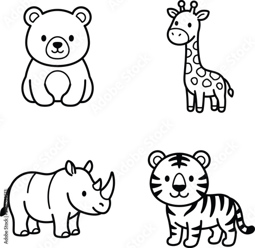 Cute baby animal line art set with bear giraffe rhino and tiger for kids coloring pages