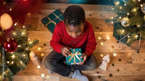 Young black boy opening a Christmas gift surrounded by decorations  