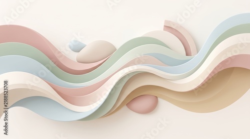 Soft pastel wavy layers abstract background, 3D paper cut style illustration, gentle pink blue green curves, minimalist design template, calming artistic surface texture