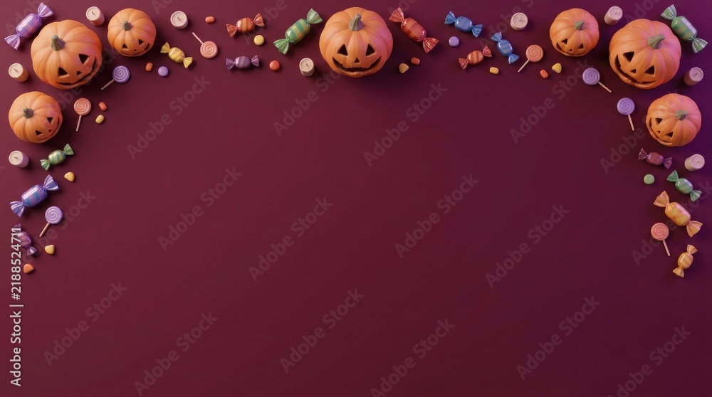 Fototapeta premium Halloween pumpkin and candy arrangement on a dark burgundy background
