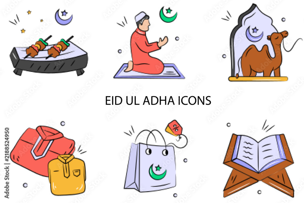 Fototapeta premium Set of 06 outline Eid Ul Adha Element icons. Eid Ul Adha Line icons set. Vector illustration.