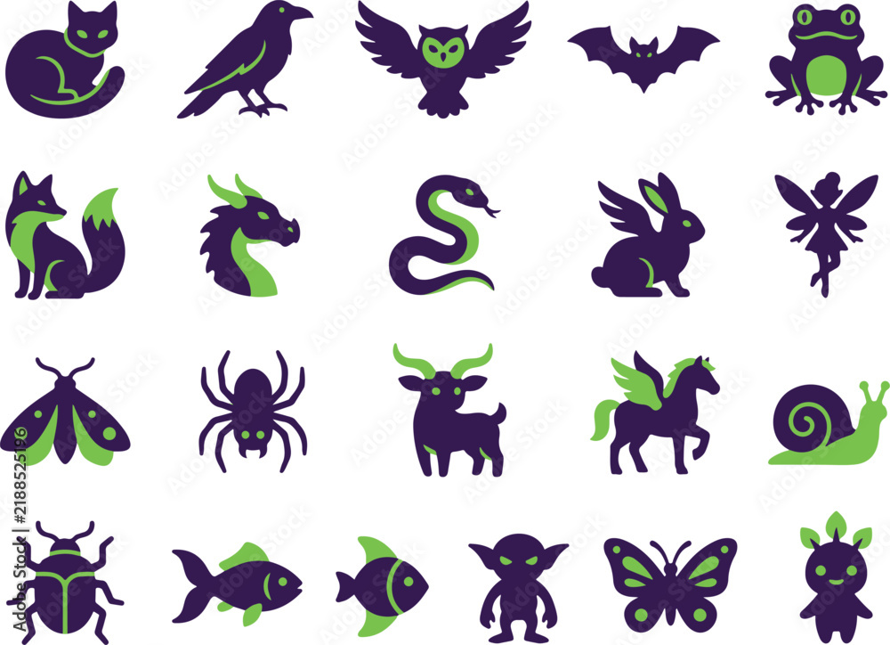 Fototapeta premium Halloween spooky animal creature icon set green purple monster vector