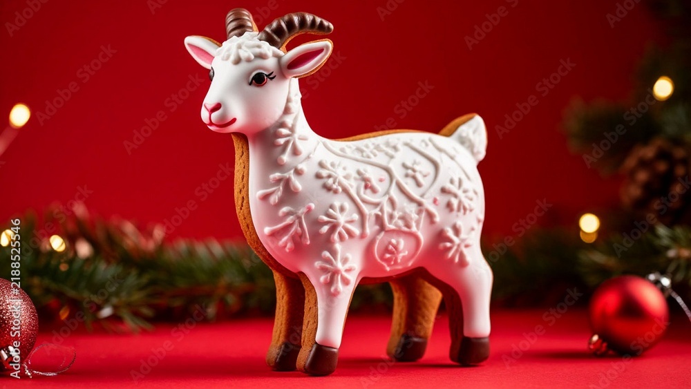 Fototapeta premium Christmas cookies in white and multicolored icing, shaped like a goat.