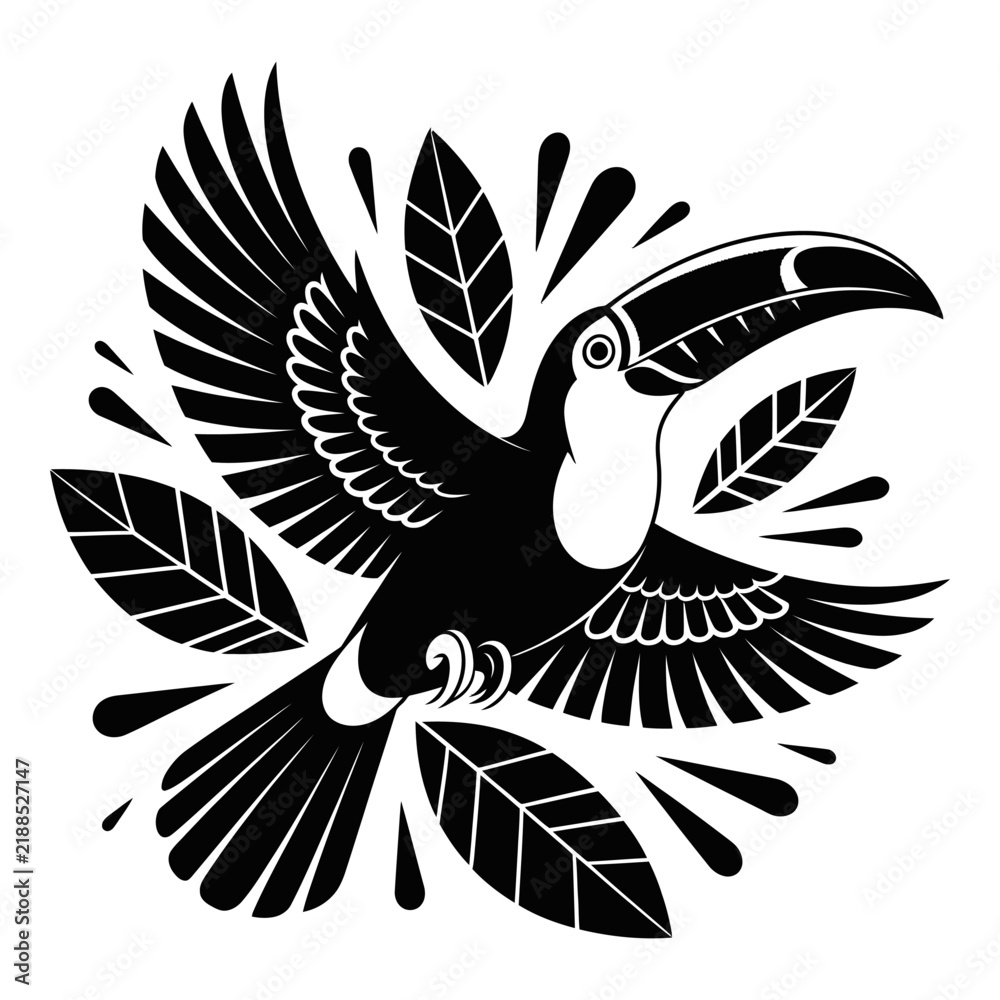 Obraz premium A tropical toucan with outstretched wings is a black silhouette