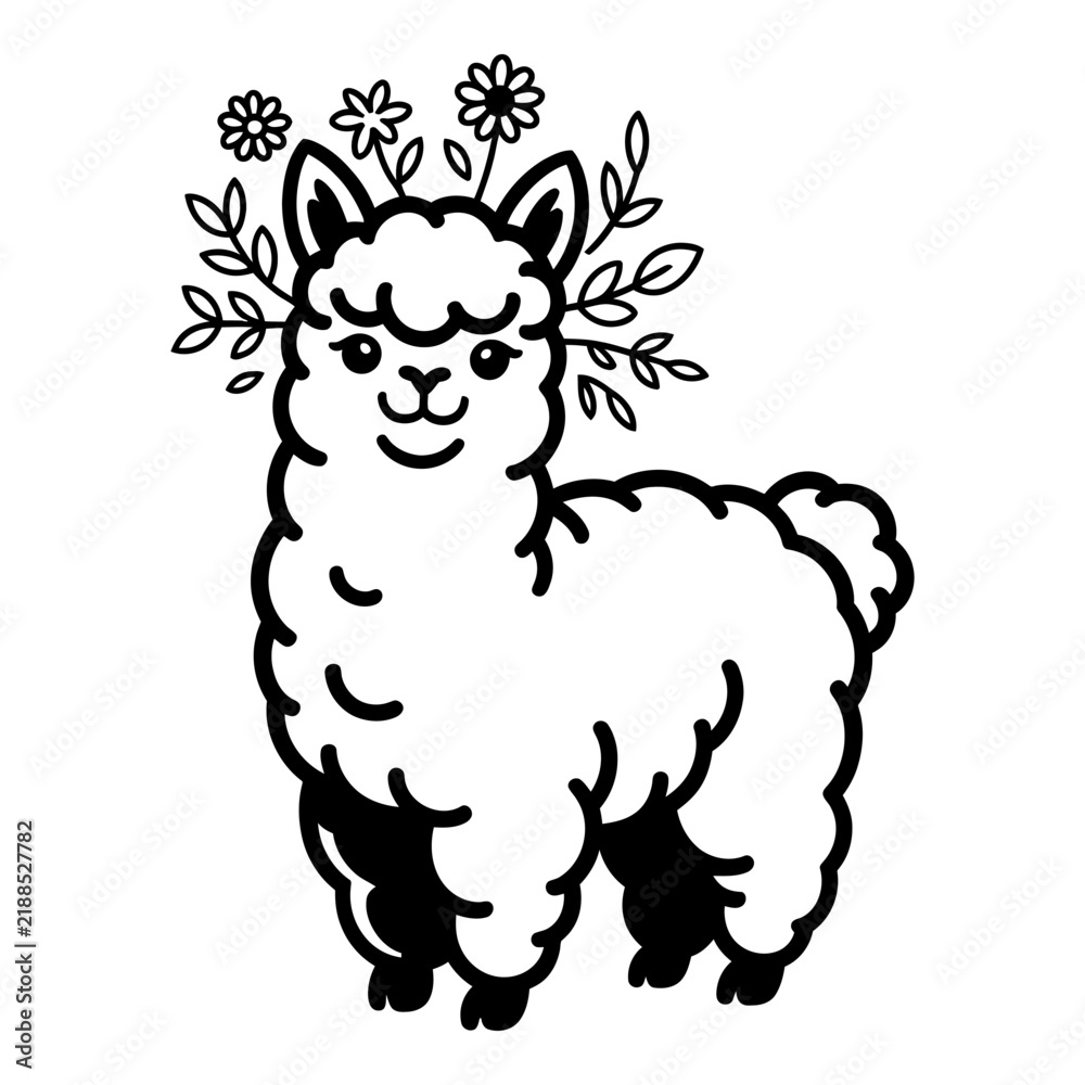 Fototapeta premium Charming alpaca with floral crown is depicted as a black silhouette