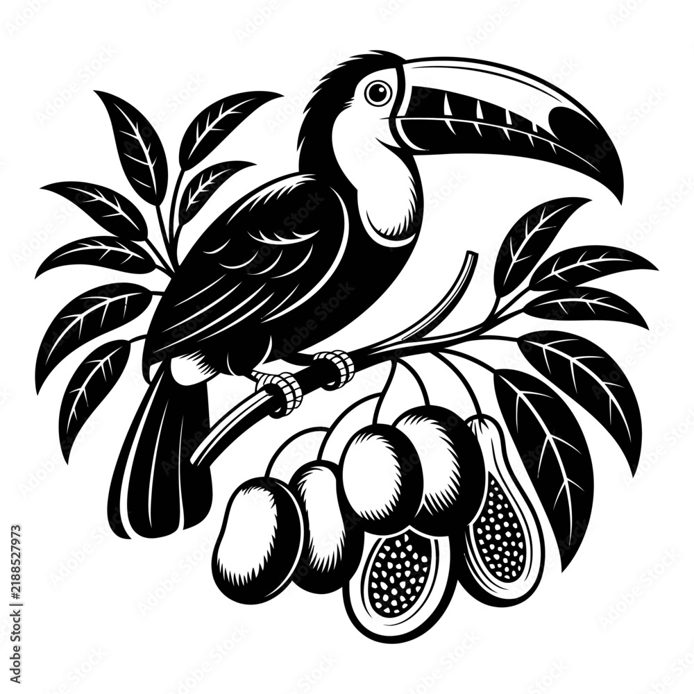 Obraz premium A toucan perched on a branch with tropical fruit silhouette