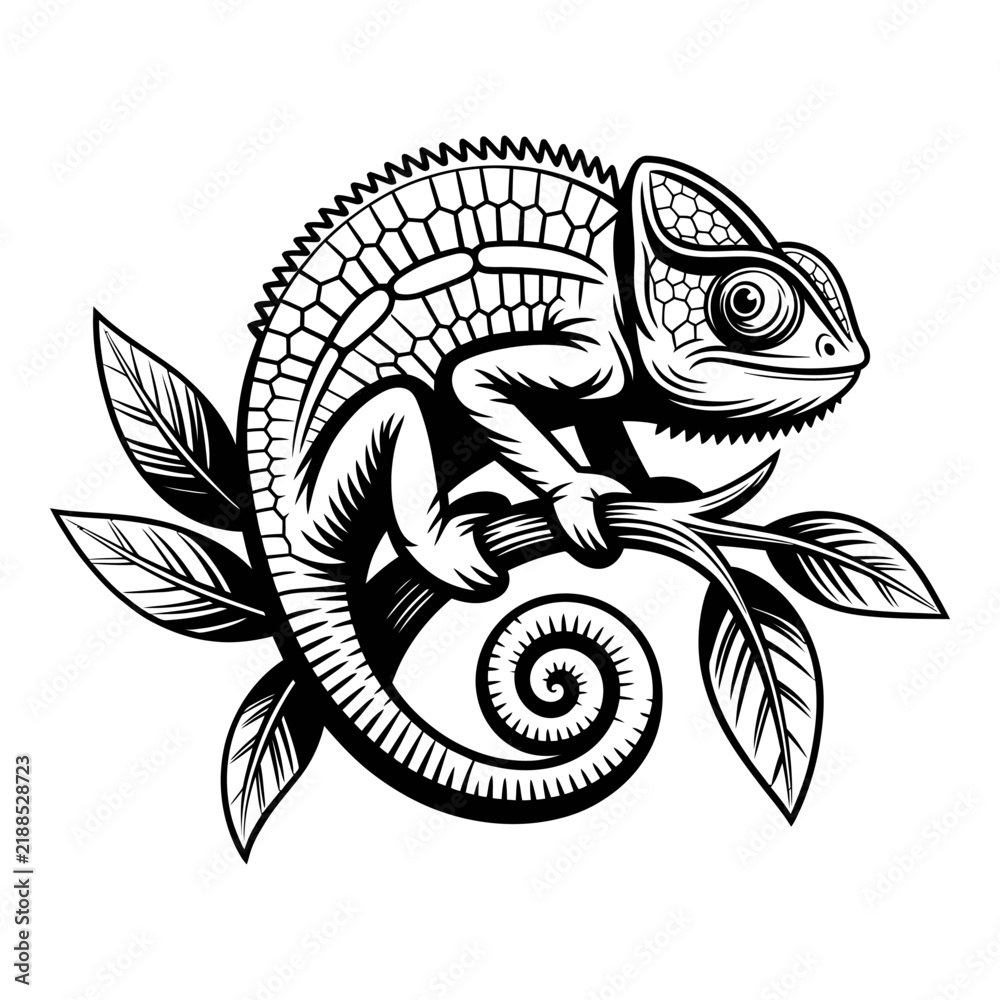 Fototapeta premium Chameleon perched on a branch is depicted in a black silhouette