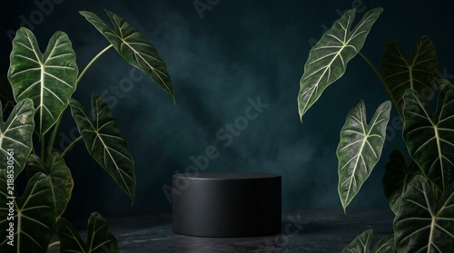 Dark matte pedestal display surrounded by lush green tropical leaves