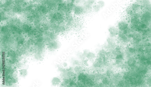 Artistic green watercolor splash with soft paint splatter on a clean white background, creating an elegant backdrop for wedding invitations and stationery design.