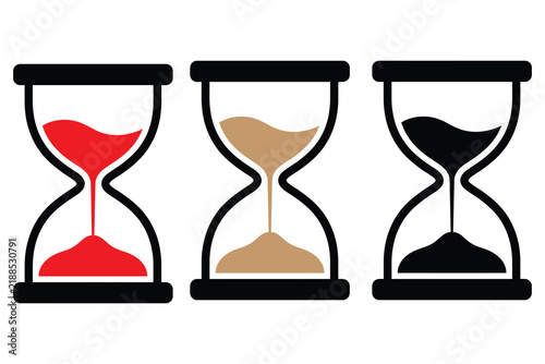Set of three hourglass icons with different colored sand representing time passing, countdown, and deadline concepts